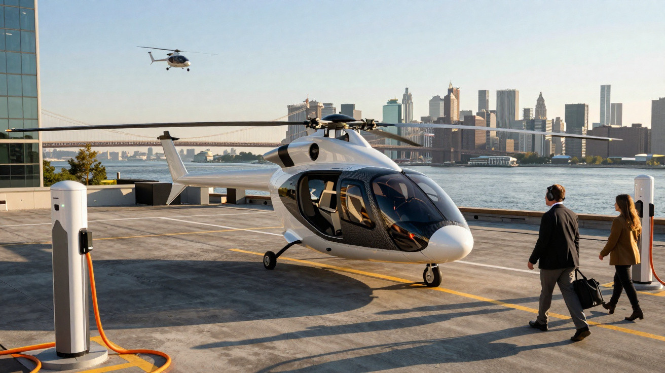 Helicóptero branco estacionado em heliponto com duas pessoas caminhando próximo a carregadores elétricos e cidade ao fundo.