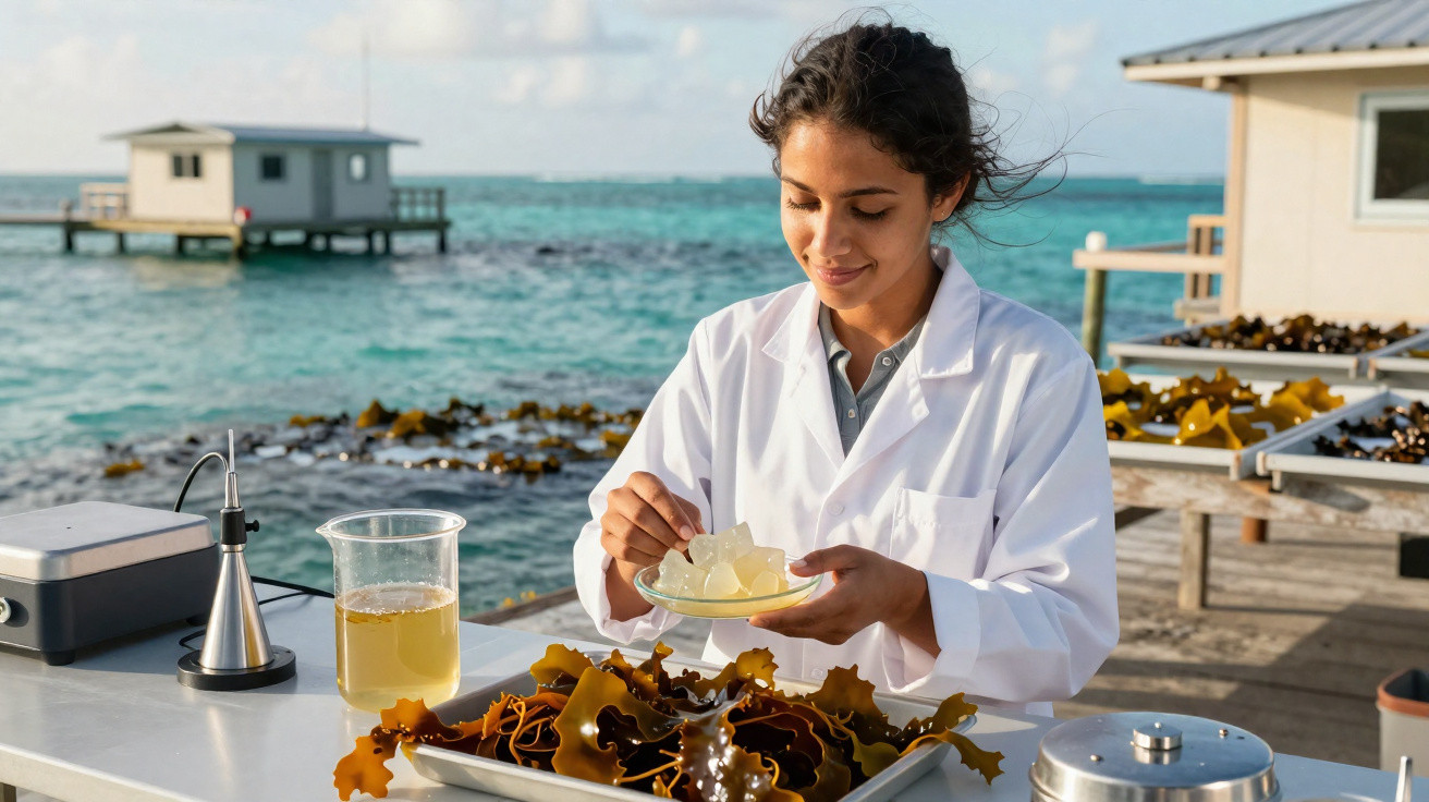 Pesquisadora em jaleco manipulando amostras de algas marinhas em laboratório à beira do mar.