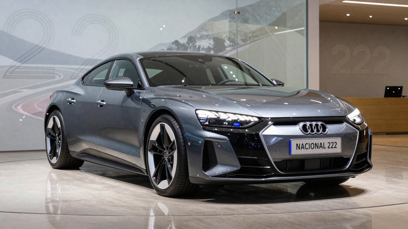 Carro esportivo Audi cinza metálico em exposição com placa personalizada Nacional 222.