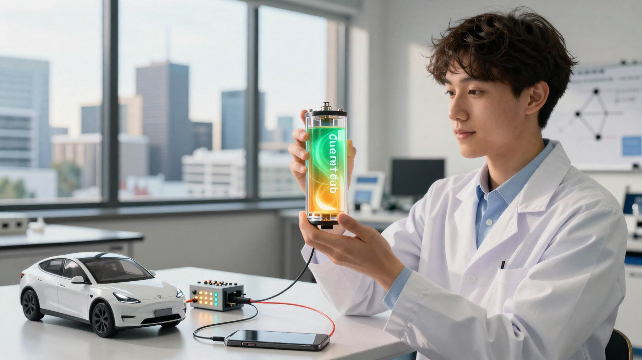Jovem cientista em laboratório segurando bateria futurista ao lado de miniatura de carro elétrico branco.