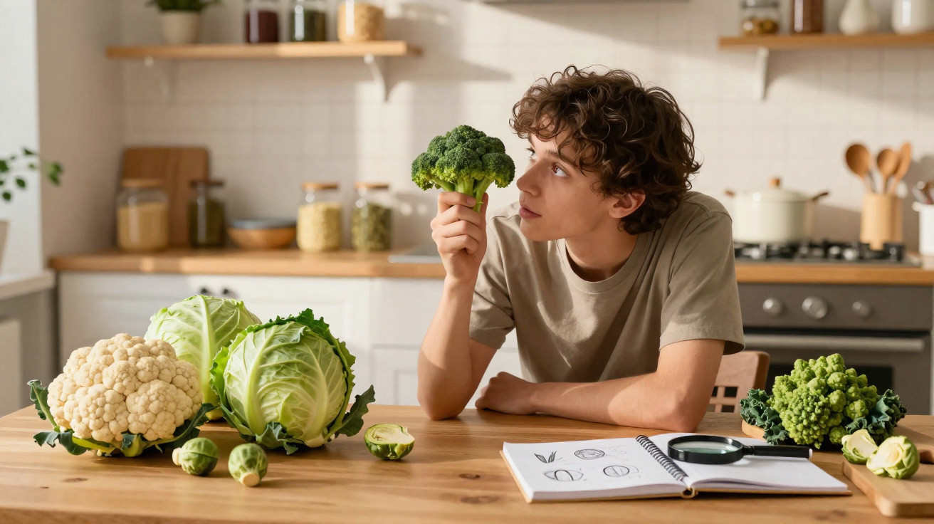 Jovem sentado à mesa de cozinha segurando brócolis, com outros legumes e livro aberto à sua frente.