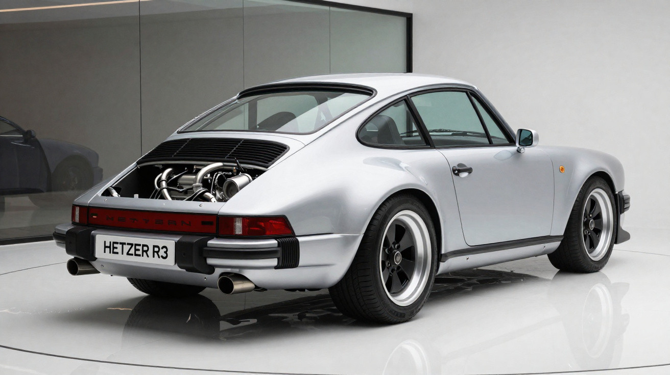 Carro esportivo prateado Porsche clássico modelo Hetzer R3 em estúdio com fundo branco e vidro.