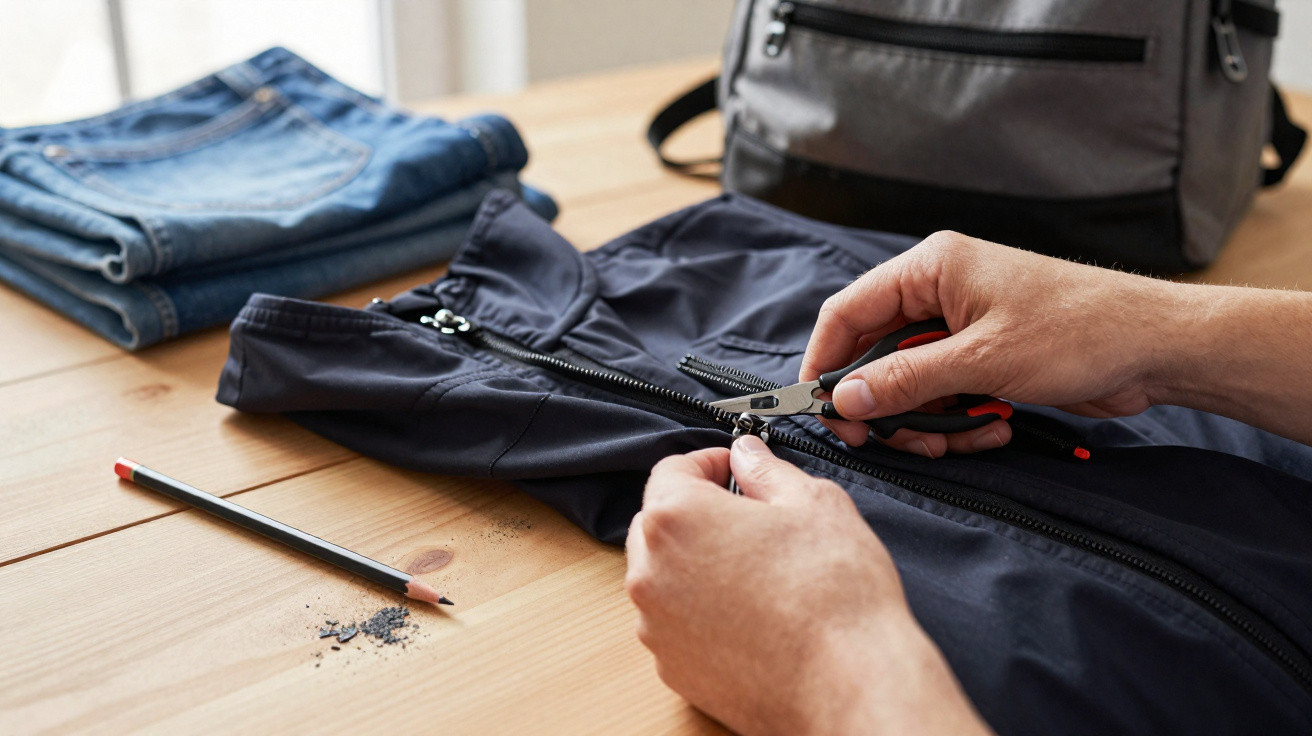 Mãos usando alicate para consertar zíper de jaqueta preta sobre mesa de madeira com lápis e jeans.