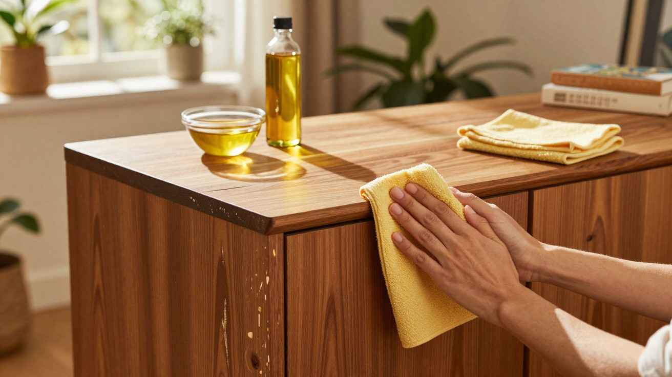 Pessoa limpando móvel de madeira com pano amarelo, ao lado óleo em frasco e recipiente, em ambiente iluminado.