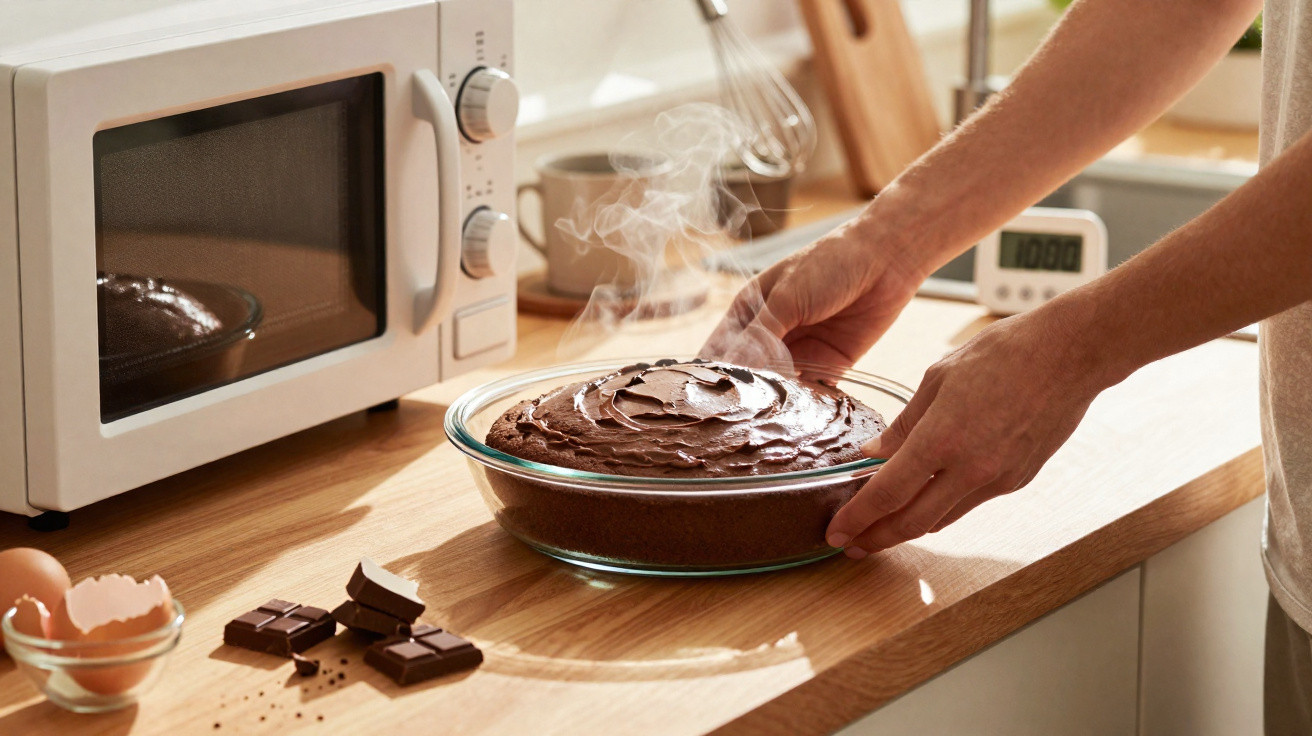 Pessoa retirando bolo de chocolate quente de forno de micro-ondas em cozinha com pedaços de chocolate na bancada.