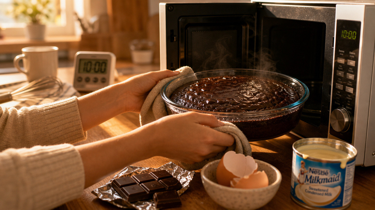 Pessoa retirando sobremesa quente de chocolate do micro-ondas com ingredientes ao redor na bancada da cozinha.