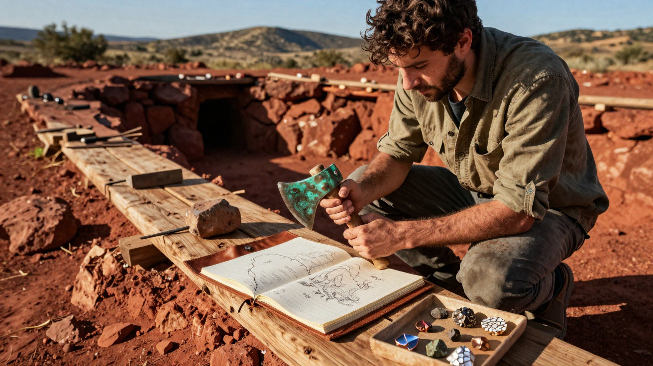 Homem cavando em sítio arqueológico com machado, ao lado de caderno aberto e pedras coloridas.
