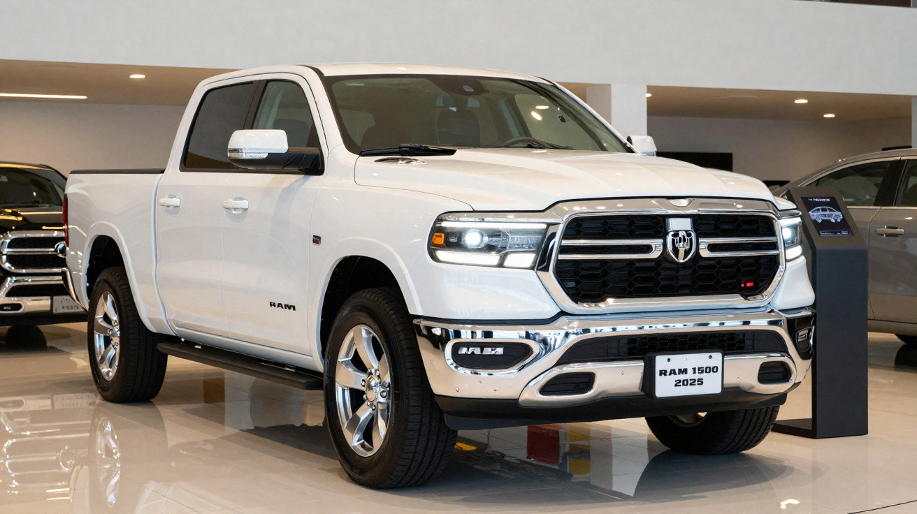 Picape branca RAM 1500 2025 exibida em showroom com faróis acesos e acabamento cromado na dianteira.