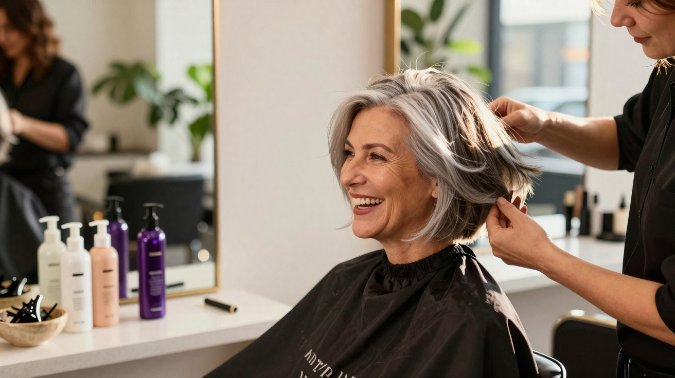 Mulher sorridente com cabelo grisalho curto sendo penteada em salão de beleza.