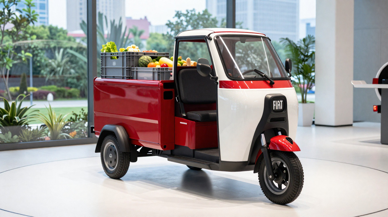 Veículo elétrico compacto Fiat tres rodas carregando caixas de frutas e verduras em ambiente interno moderno.