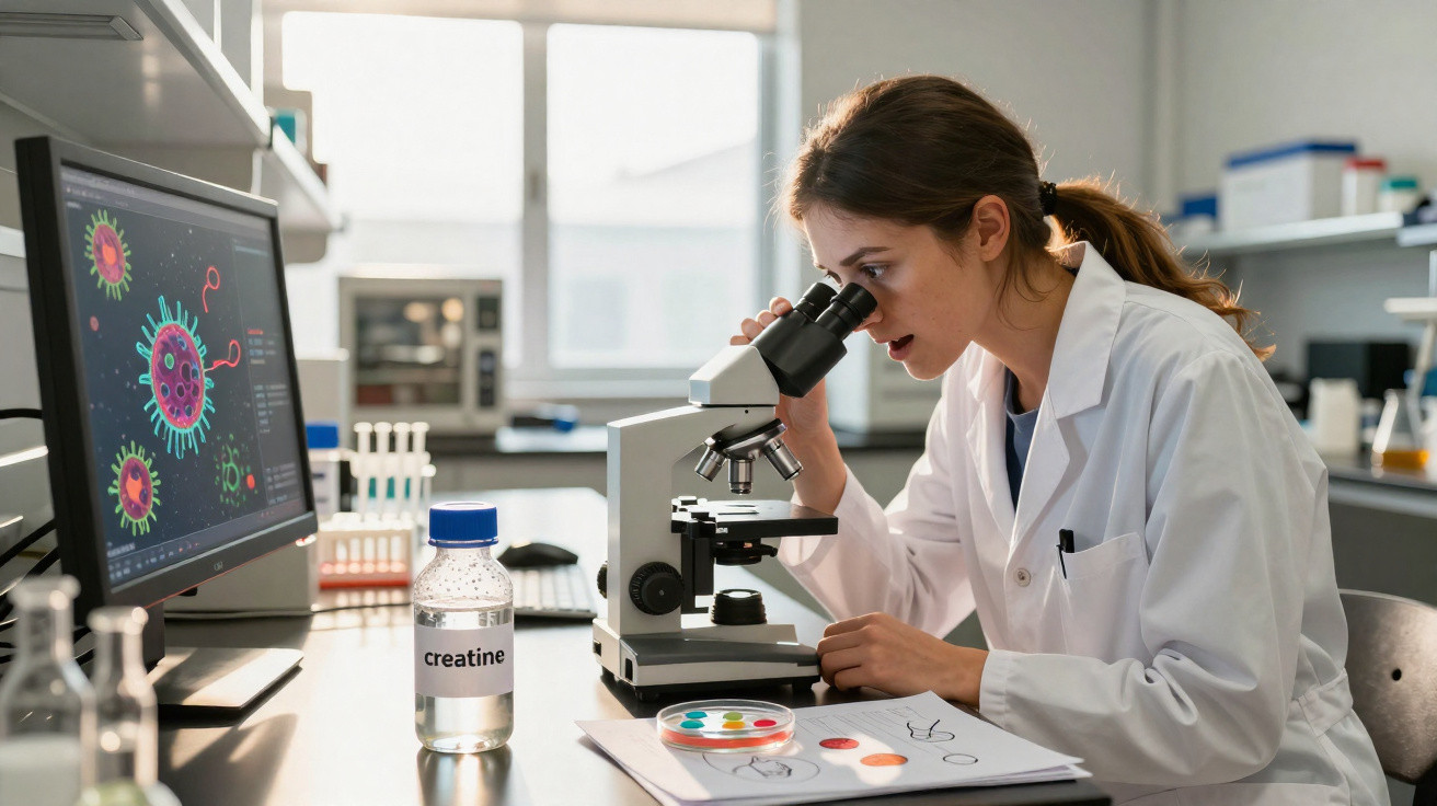 Mulher cientista observa amostra no microscópio em laboratório com imagem de vírus no computador.