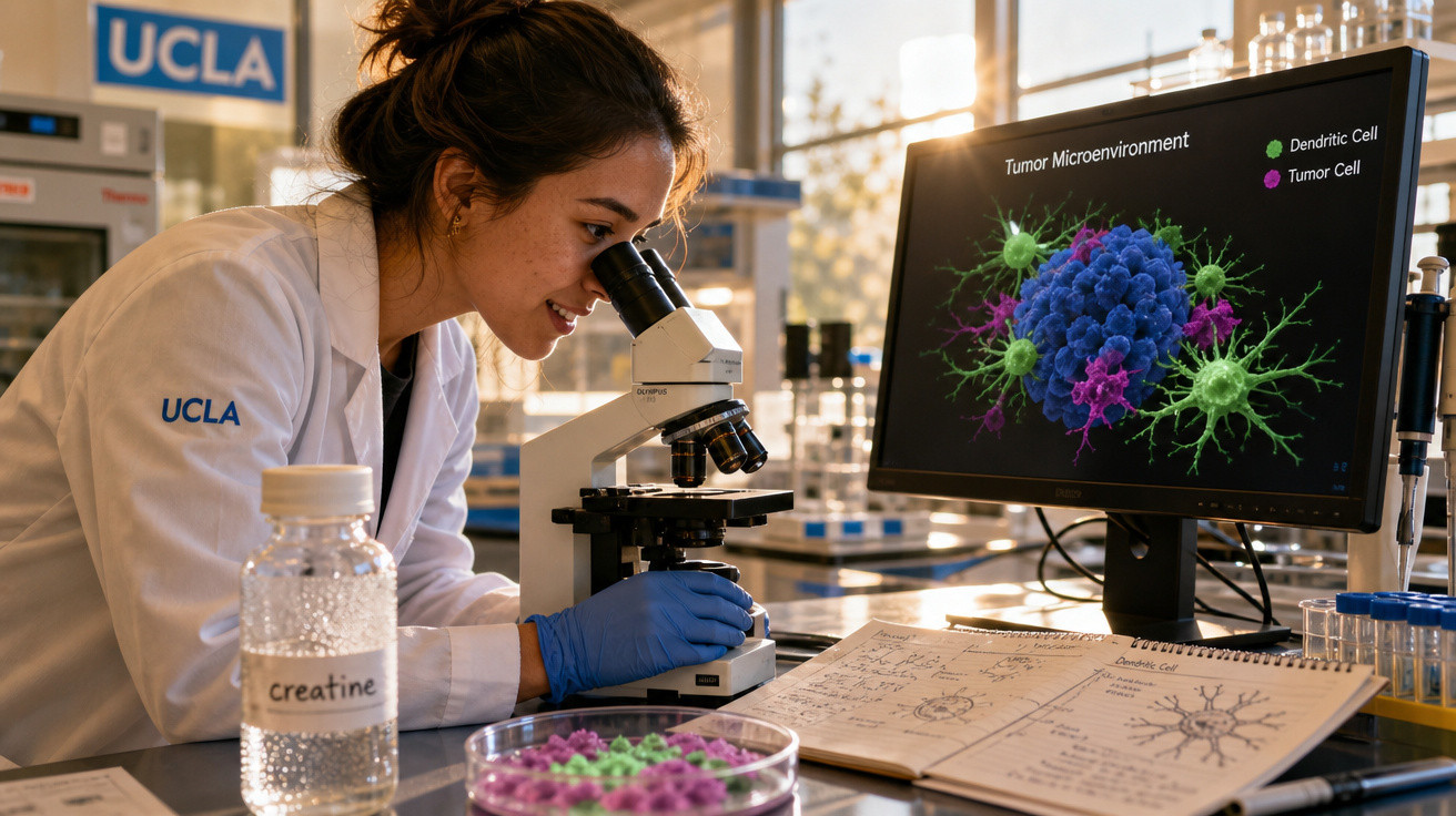 Mulher cientista olhando no microscópio em laboratório com tela mostrando células tumorais coloridas.