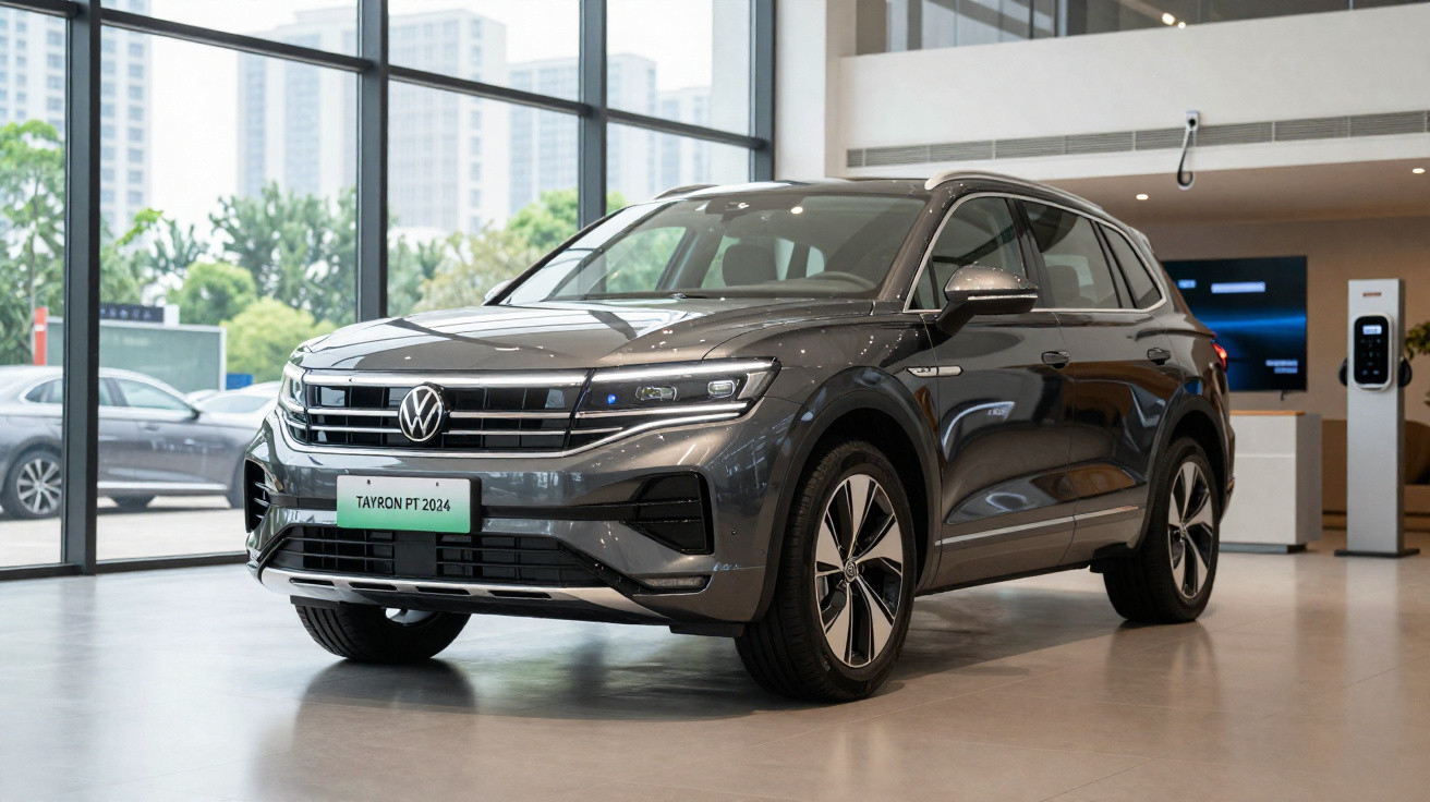 SUV Volkswagen Tayron PT 2024 cinza escuro exposto em showroom com grandes janelas ao fundo.