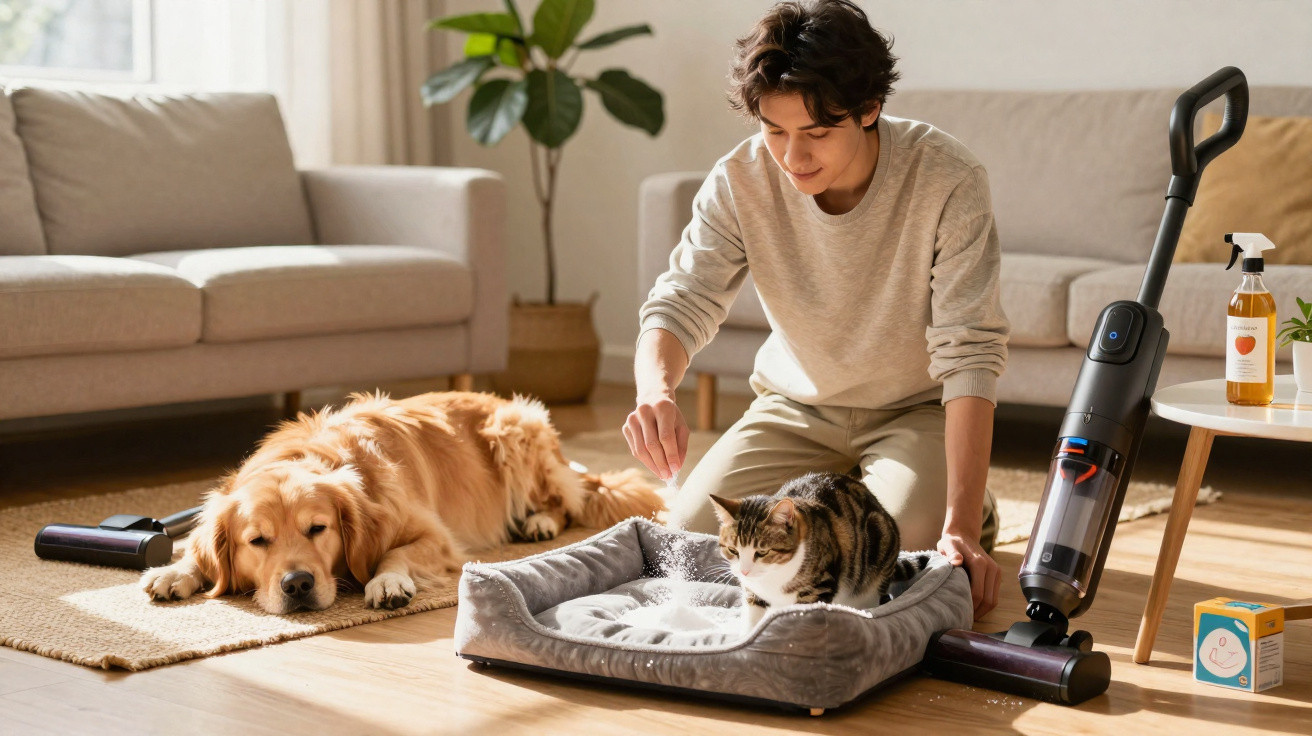 Pessoa alimentando gato em cama, com cachorro descansando ao lado e aspirador próximo em sala iluminada.