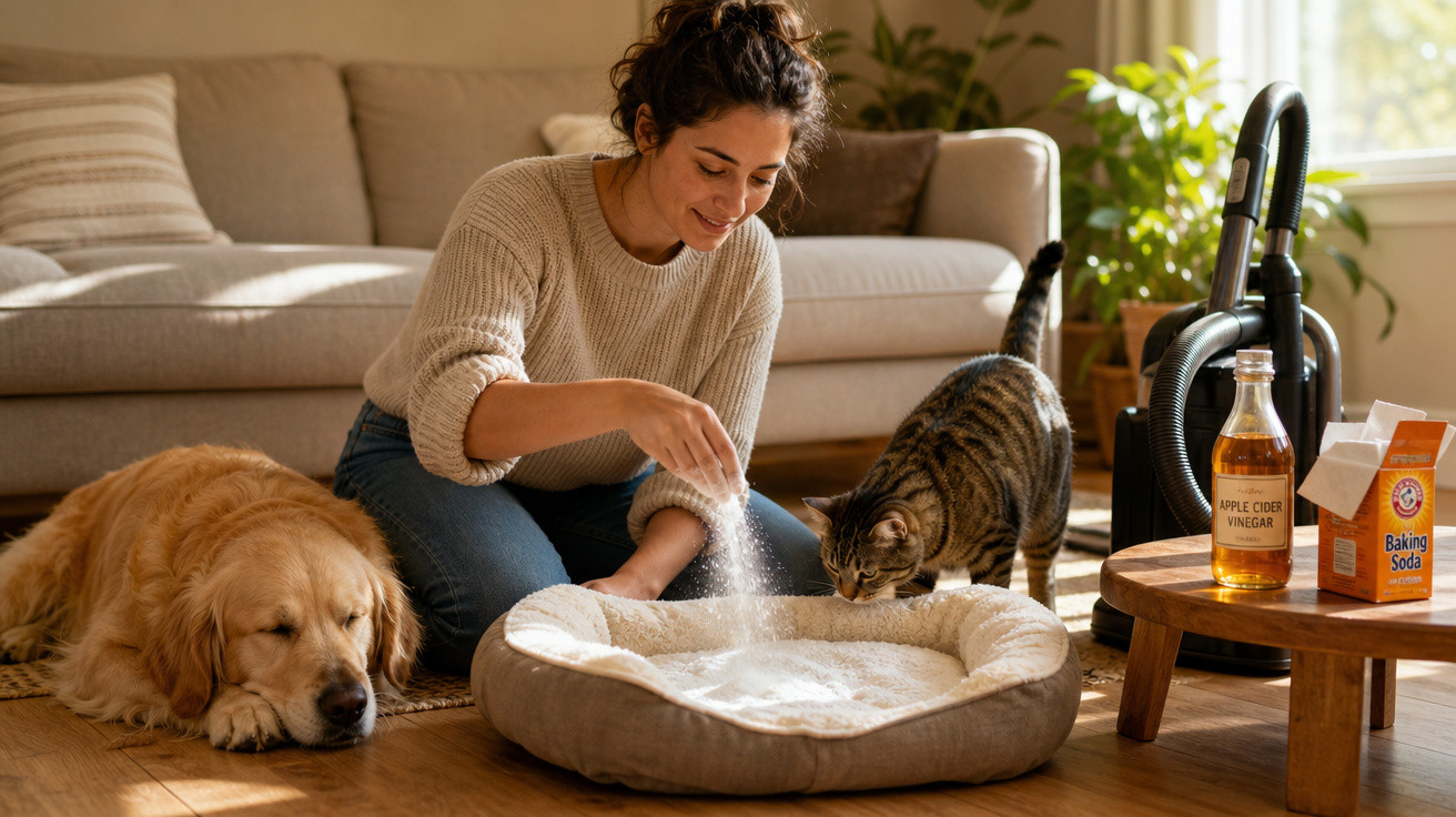 Mulher espalhando bicarbonato em cama de gato, com cachorro deitado e aspirador ao lado na sala iluminada.