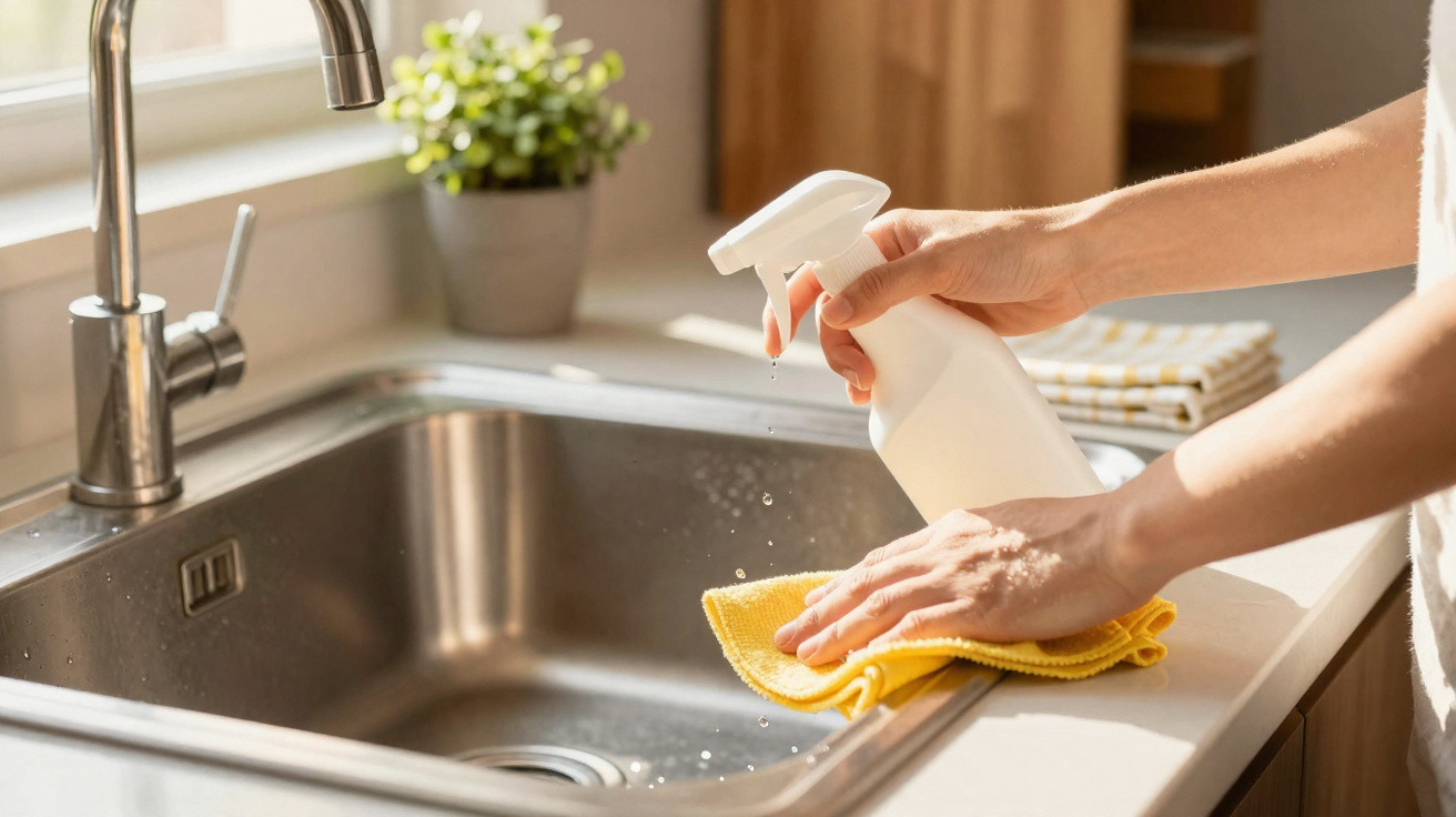 Pessoa limpando pia de aço inox com pano amarelo e borrifador branco em cozinha iluminada.