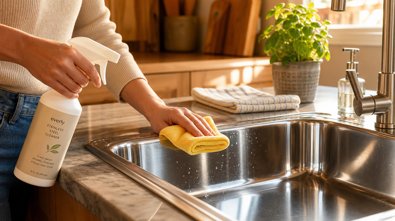 Pessoa limpando pia de aço inox com spray e pano amarelo em cozinha iluminada e decorada.