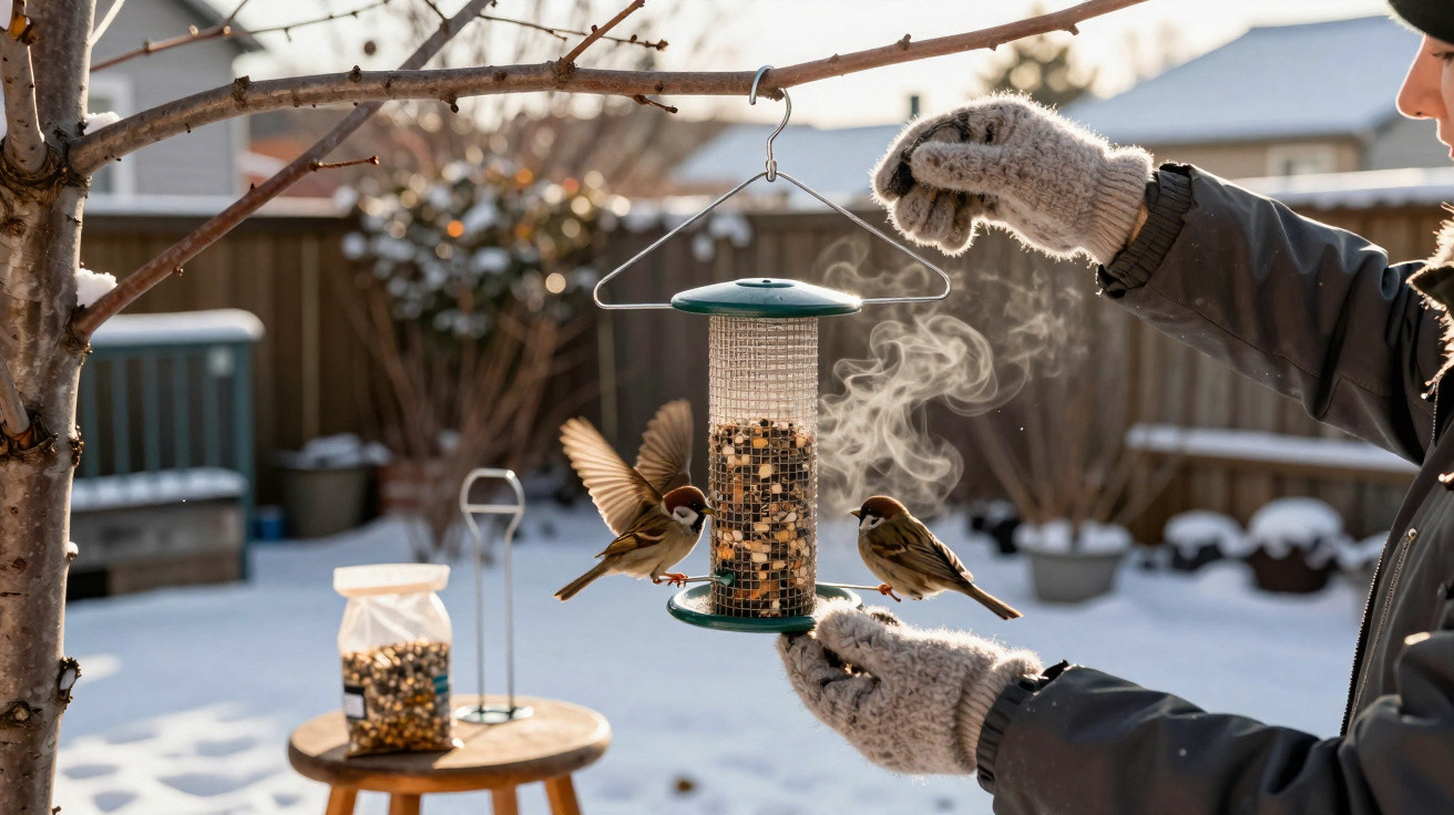 Pessoa com luvas colocando comedouro pendurado para pássaros no quintal com neve e dois pardais se alimentando.