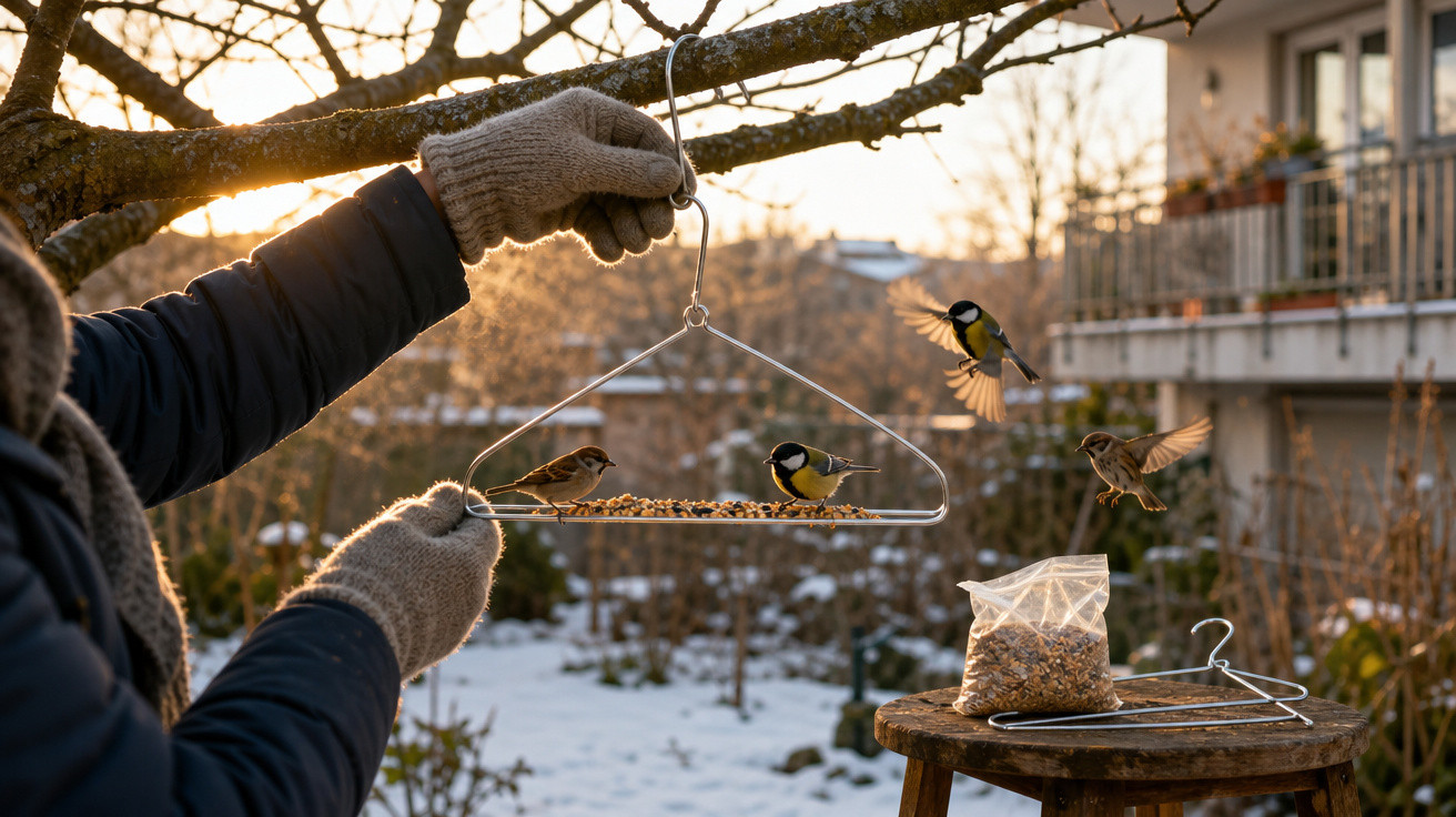 Pessoa alimenta pássaros em cabide com sementes em jardim de inverno ao pôr do sol.
