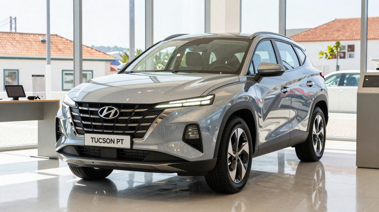 Carro cinza Hyundai Tucson PT em exposição dentro de showroom com janelas grandes ao fundo.