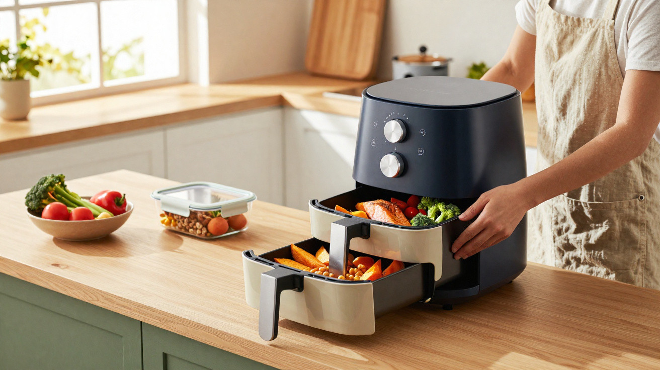 Pessoa usando fritadeira elétrica com duas gavetas cheias de legumes e alimentos na cozinha clara e moderna.
