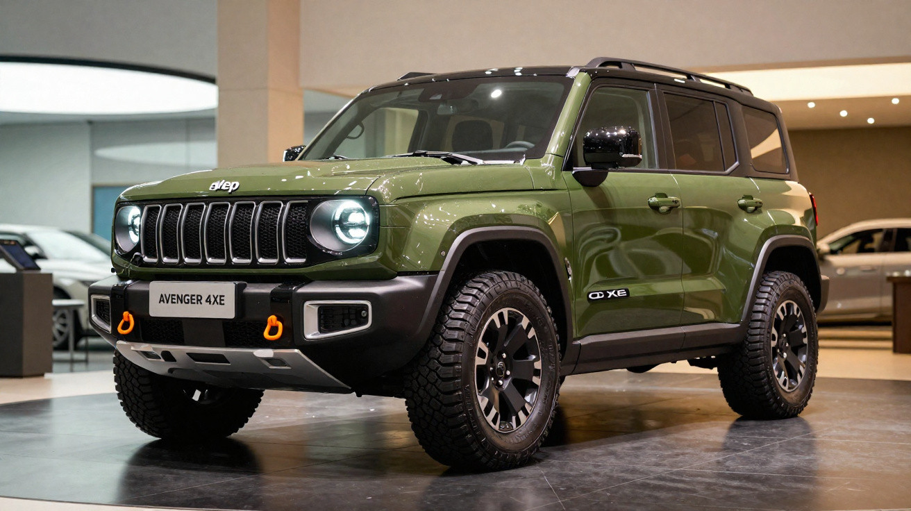SUV verde militar exibido em salão de automóveis, modelo Avenger 4XE, com farol aceso.
