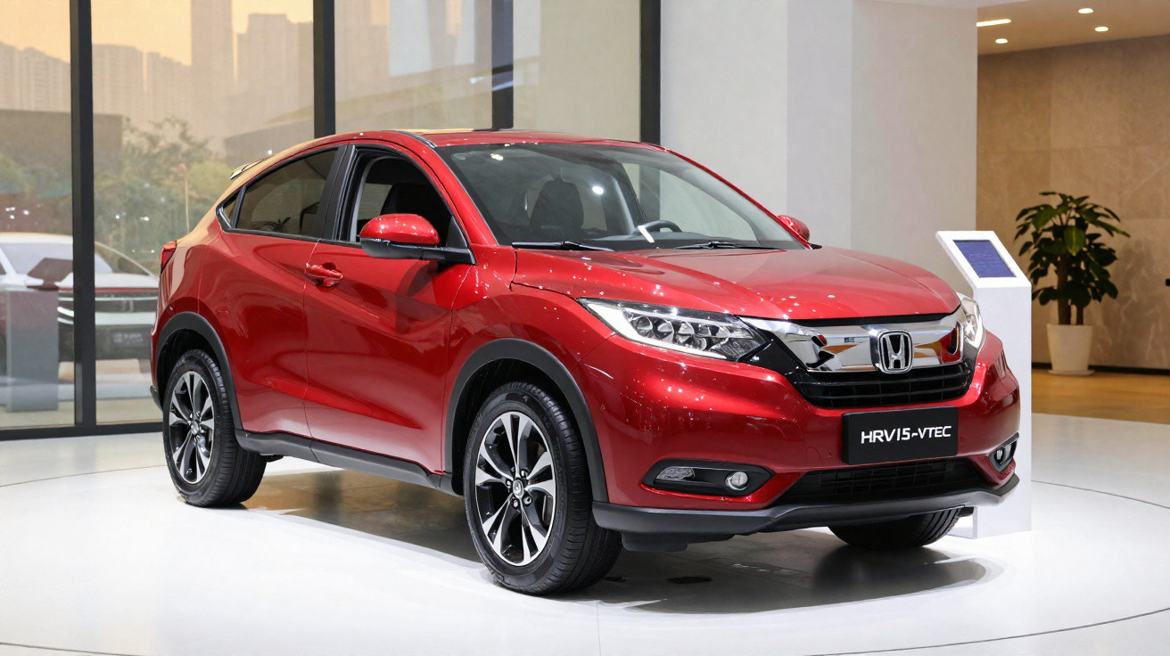 Carro SUV vermelho Honda HR-V 15-VTEC exposto em stand moderno com piso branco.