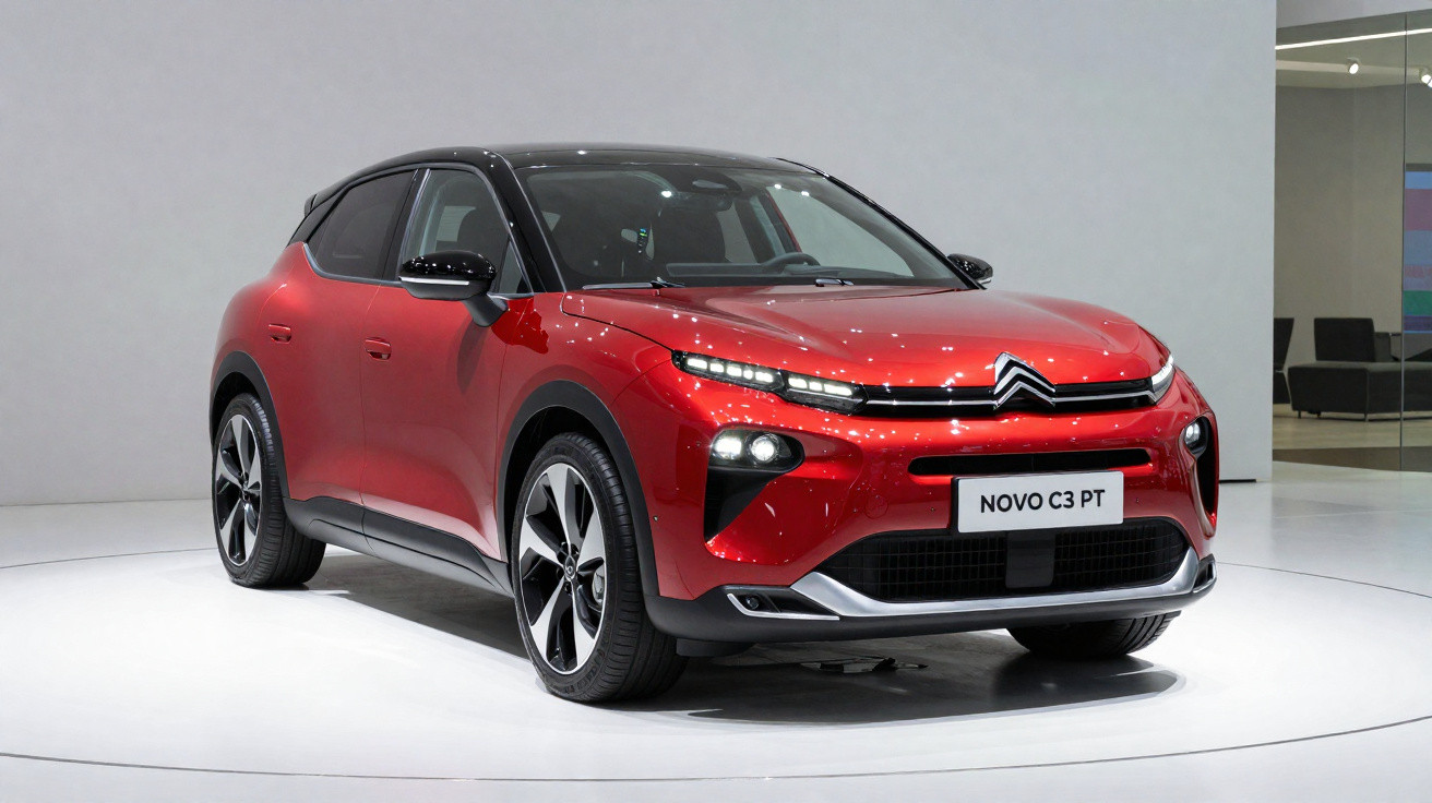 Carro Citroën Novo C3 PT vermelho com teto preto exibido em estande branco.