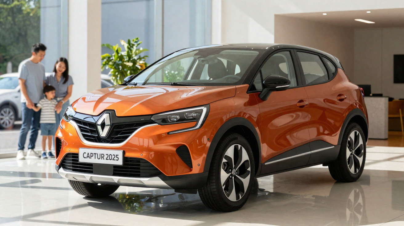 Renault Captur 2025 laranja em showroom moderno com família ao fundo sorrindo e olhando o carro.