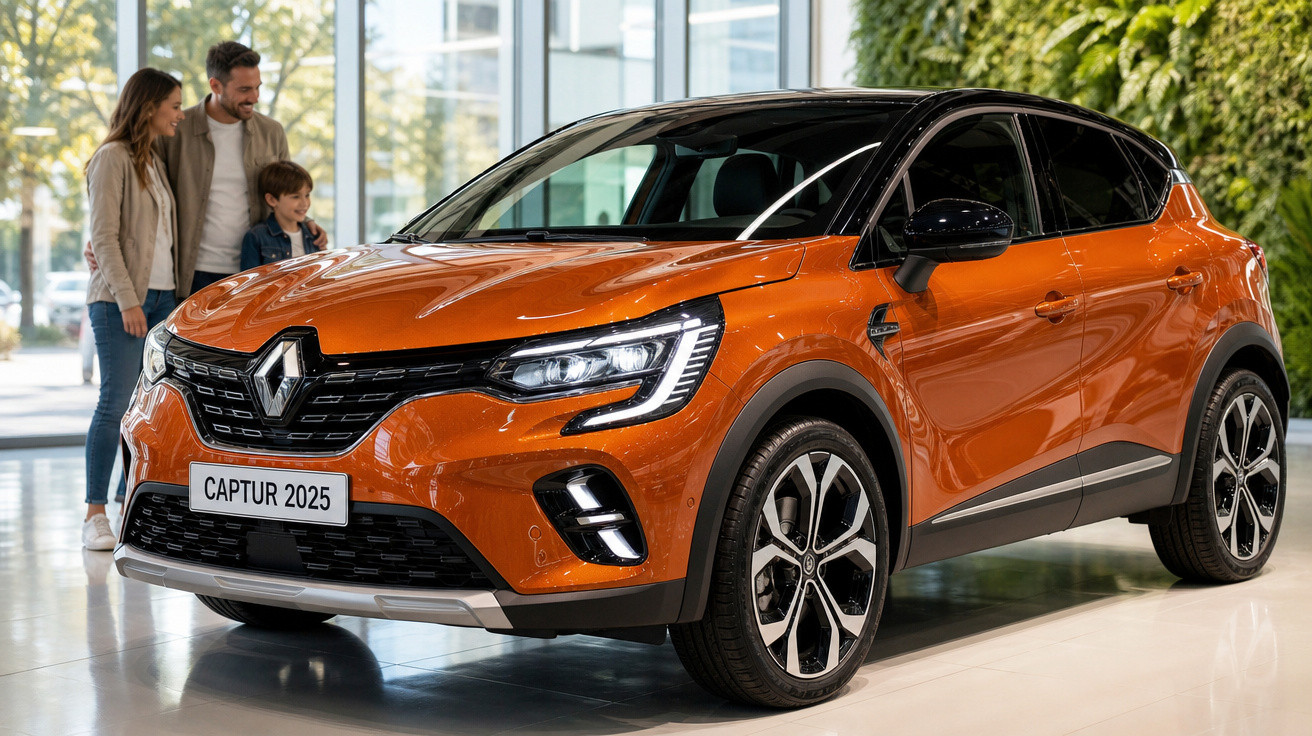 SUV Renault Captur 2025 laranja exibido em showroom com família ao fundo observando o carro.