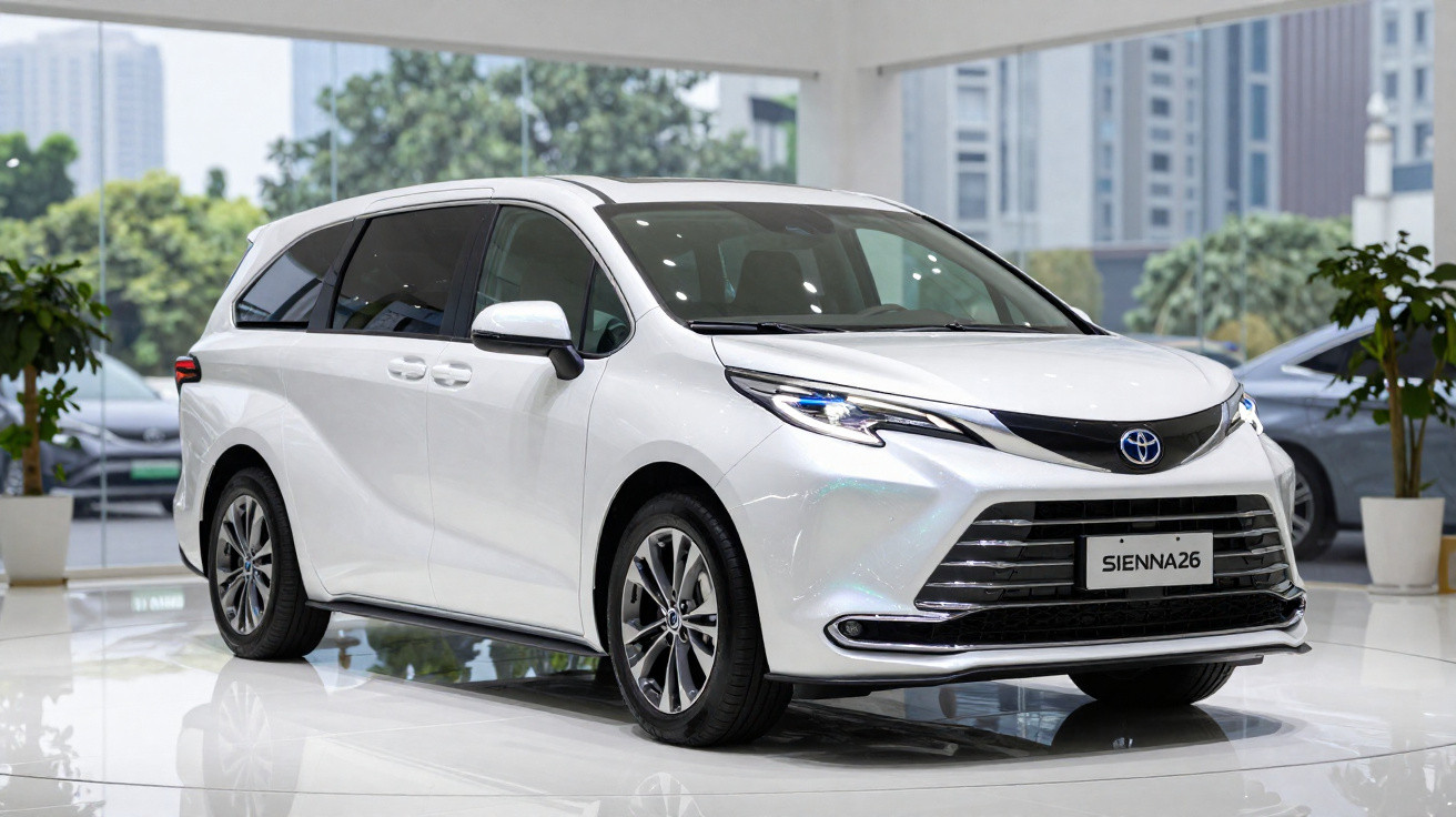 Carro branco Toyota Sienna 2026 em exposição interna com vidro refletindo prédios e plantas ao fundo.