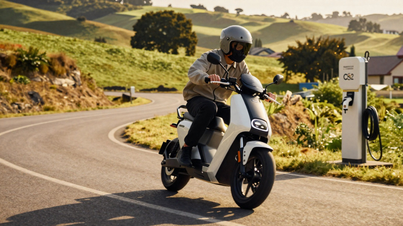 Pessoa com capacete branco andando de scooter elétrica em estrada sinuosa com área rural ao redor.
