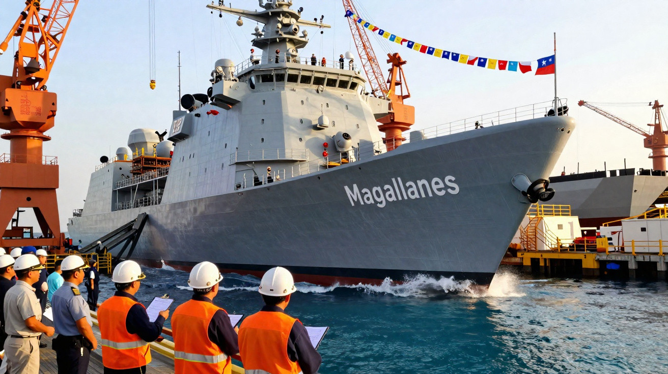 Navio de guerra Magallanes atracado em porto com trabalhadores de capacete e colete laranja observando.