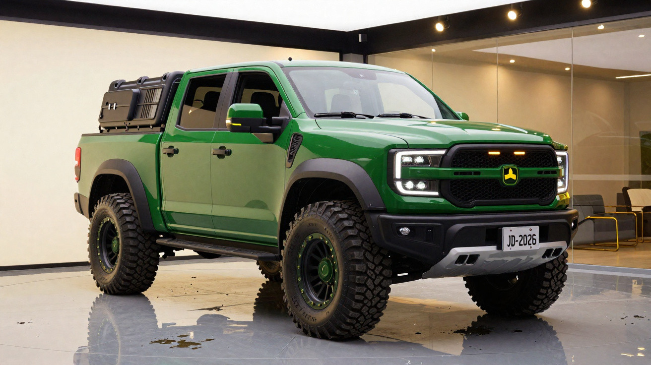 Picape elétrica verde estacionada em ambiente interno com pneus off-road robustos.