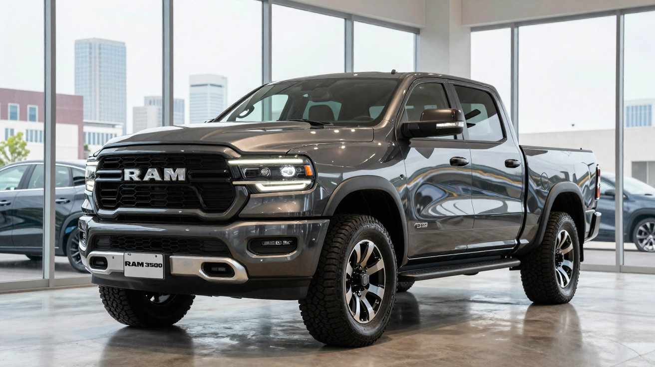 Picape RAM 3500 cinza estacionada em ambiente interno com janelas grandes e vista urbana ao fundo.
