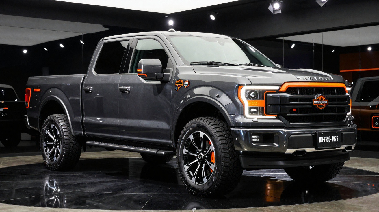 Picape Ford F-150 cinza com detalhes em laranja, exibida em ambiente interno com piso preto brilhante.