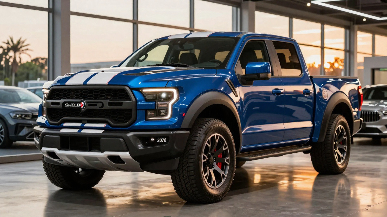 Pick-up azul com faixas brancas, modelo Shelby, exibida em showroom iluminado ao entardecer.