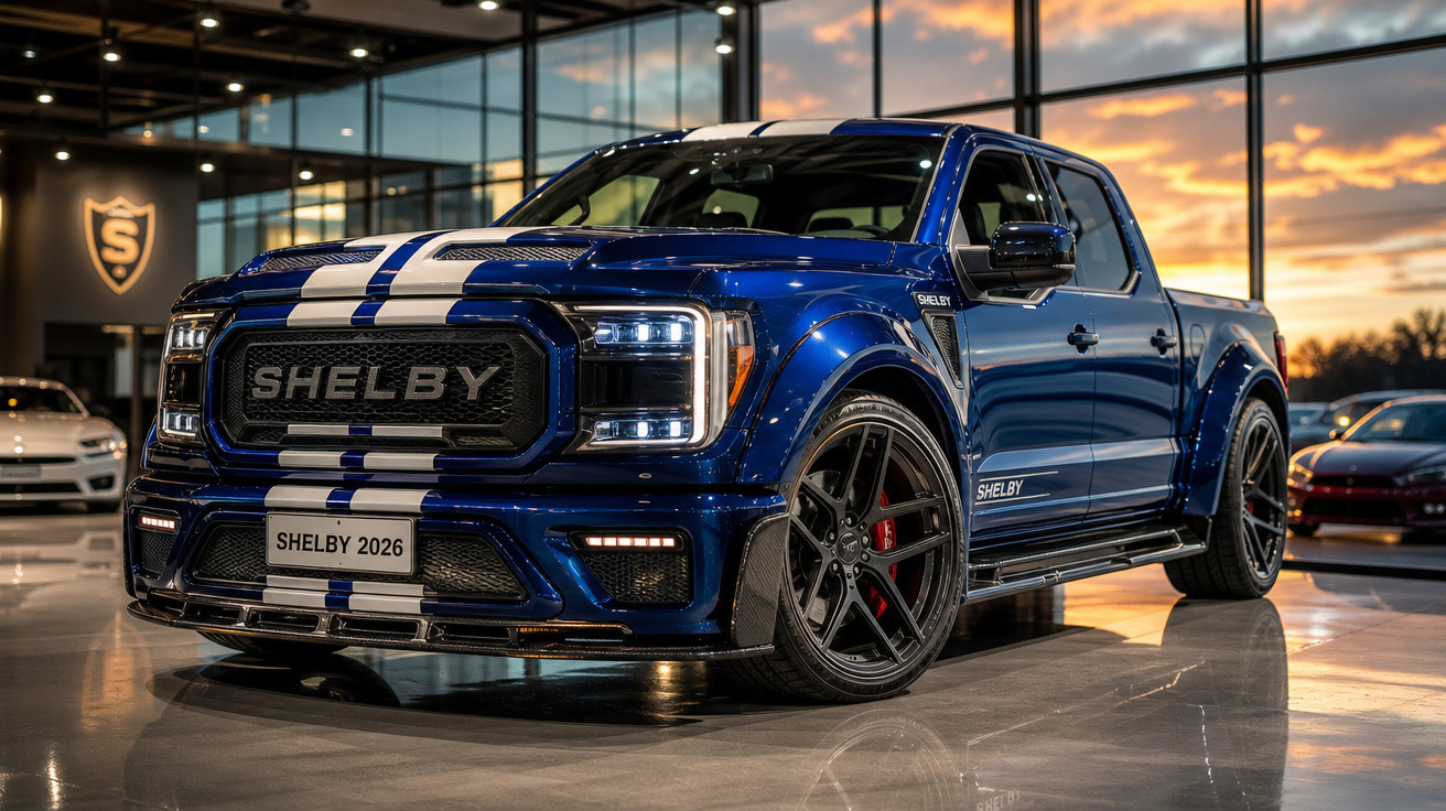 Picape Shelby azul com faixas brancas exposta em showroom moderno ao pôr do sol.