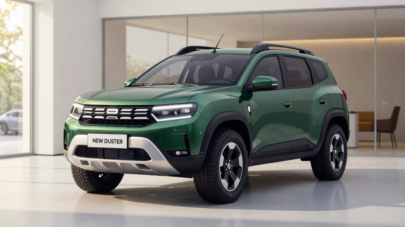Carro SUV verde New Duster estacionado em ambiente interno moderno e iluminado.