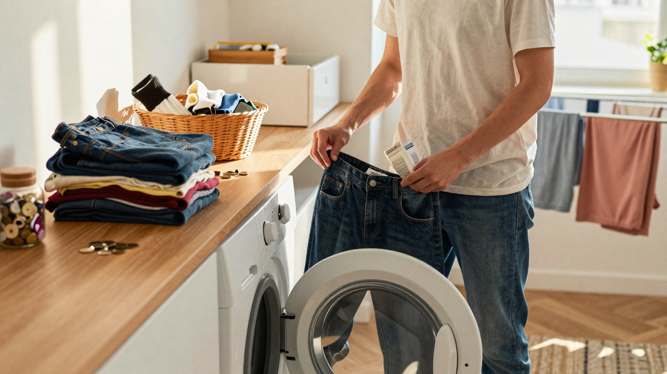 Pessoa segurando calça jeans na lavanderia com máquina de lavar, roupas dobradas e cesta de roupas ao fundo.