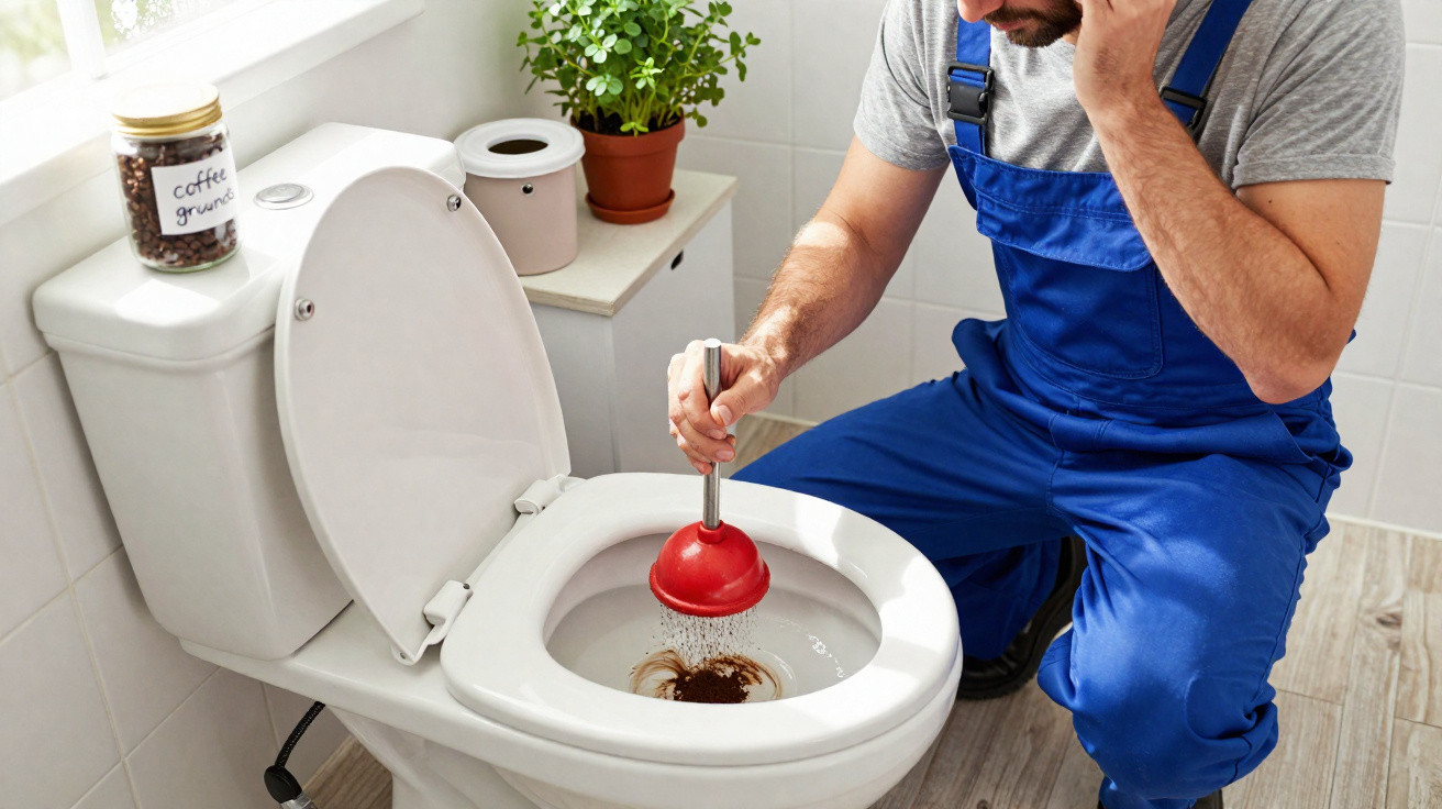 Homem com macacão azul desentupindo vaso sanitário branco em banheiro moderno.