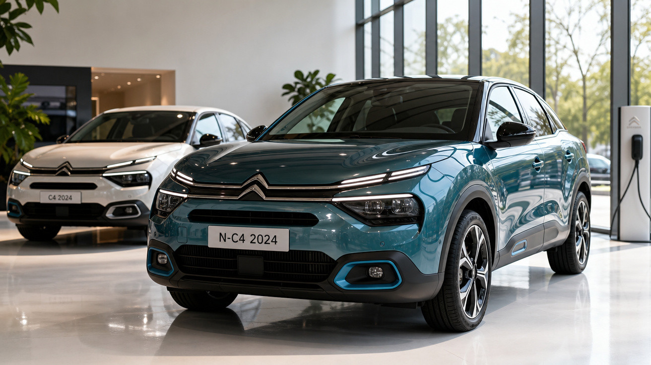 Dois carros Citroën N-C4 2024 em exibição dentro de uma concessionária moderna e iluminada.