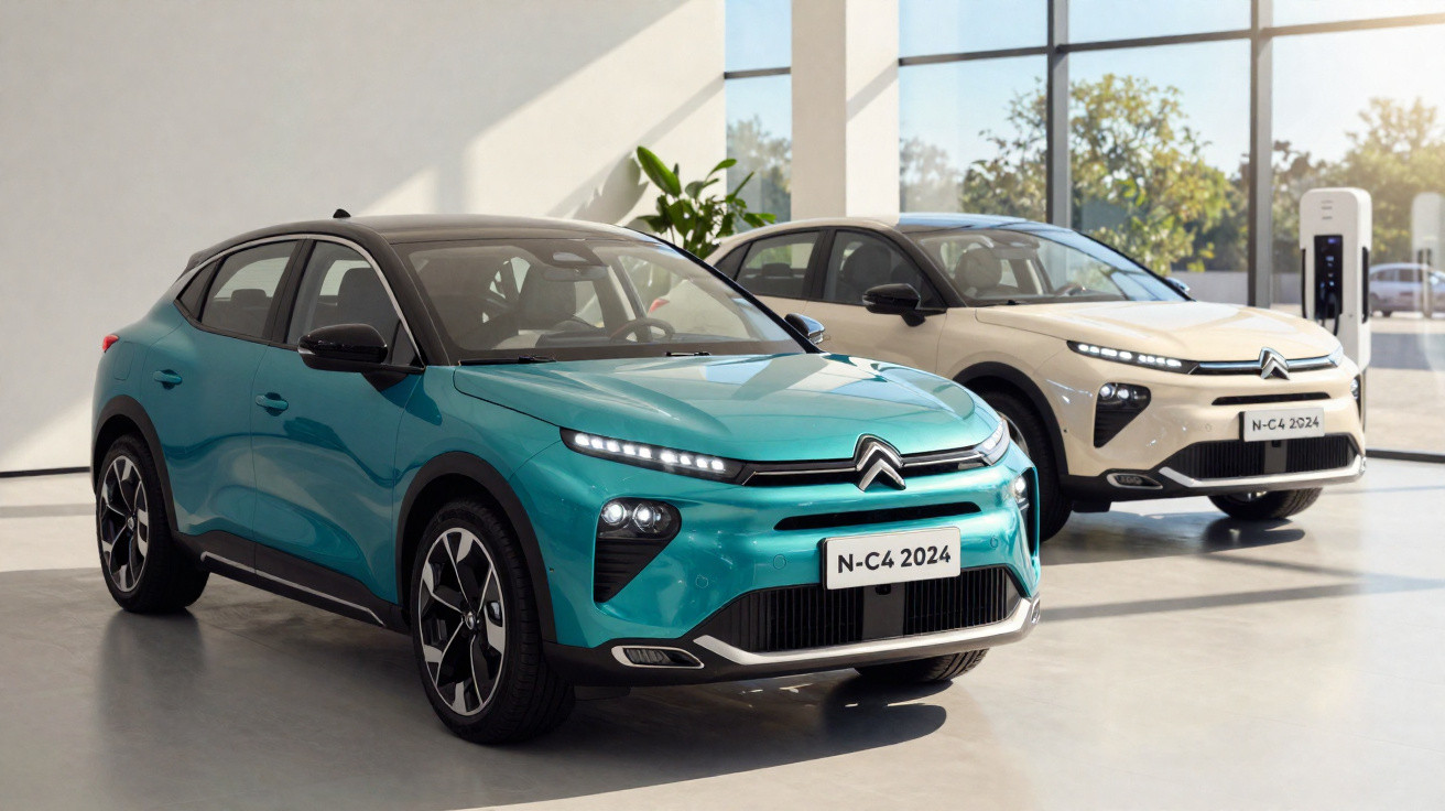 Dois carros elétricos Citroën N-C4 2024 estacionados em showroom com parede de vidro ao fundo.