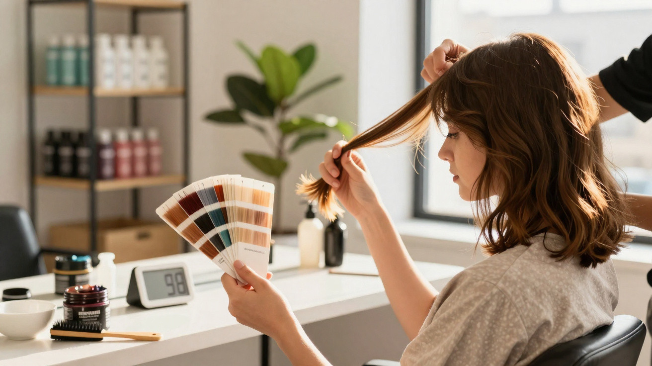 Mulher em salão de beleza segurando amostras de cores de cabelo para escolher tonalidade.