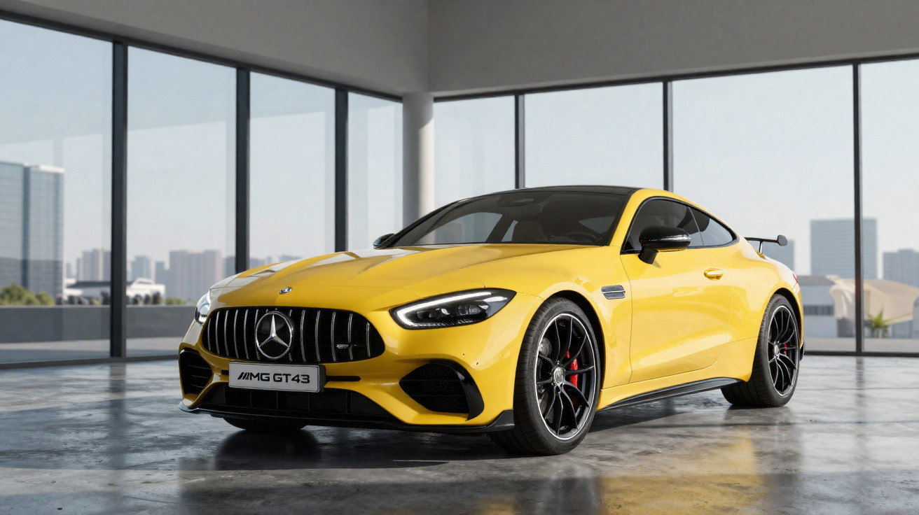 Carro esportivo Mercedes-AMG GT 43 amarelo estacionado em espaço interno com janelas amplas.