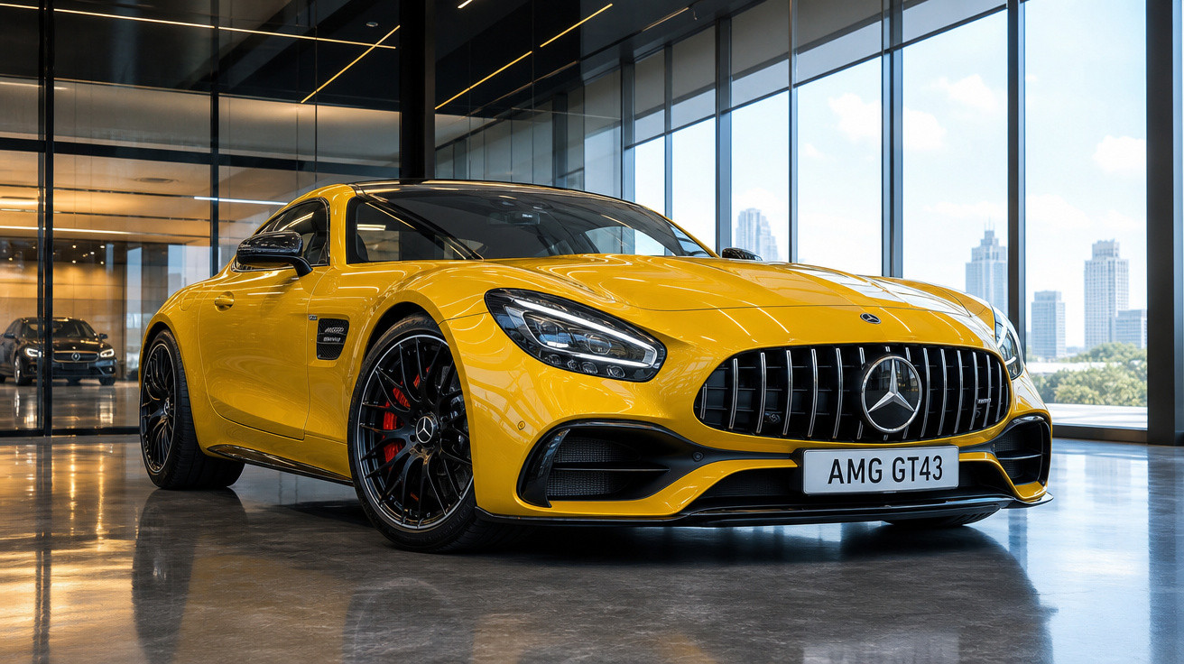 Carro esportivo amarelo Mercedes-Benz AMG GT43 em showroom com grandes janelas e vista urbana.