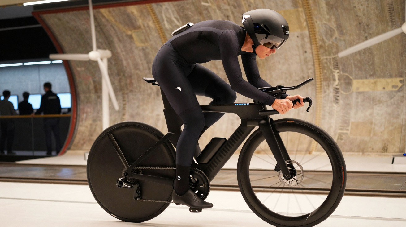 Ciclista em roupa de alta performance e capacete aerodinâmico montado em bicicleta de prova de tempo preta.