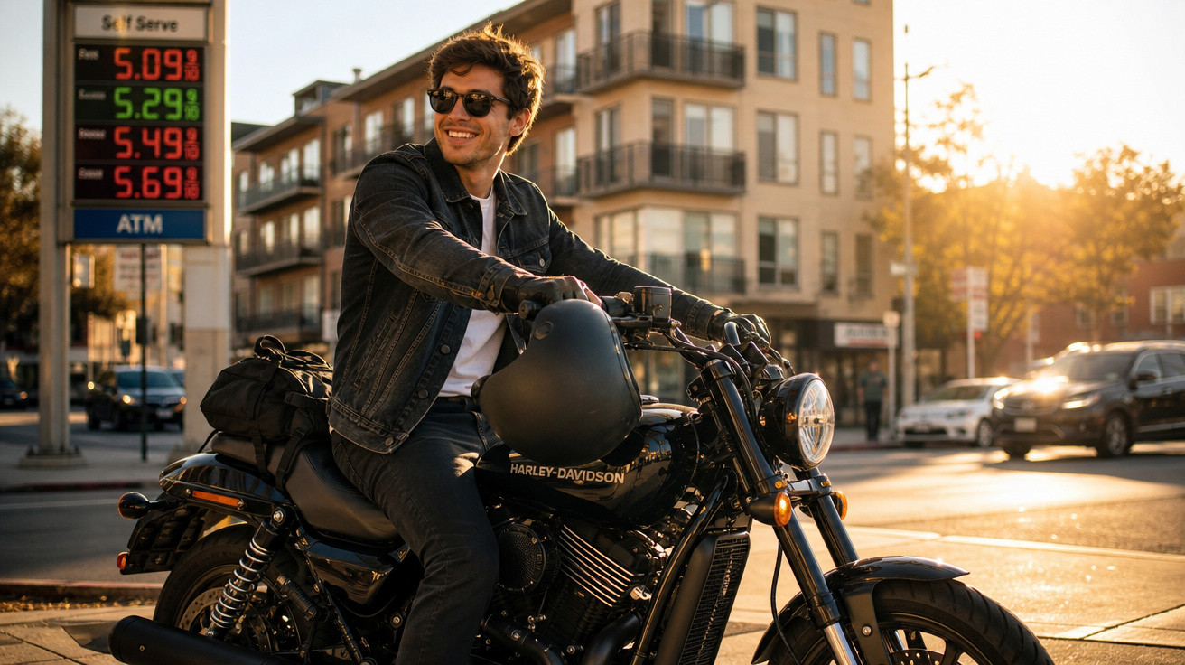 Homem sorridente usando jaqueta jeans e óculos escuros sentado em uma motocicleta Harley-Davidson ao pôr do sol.