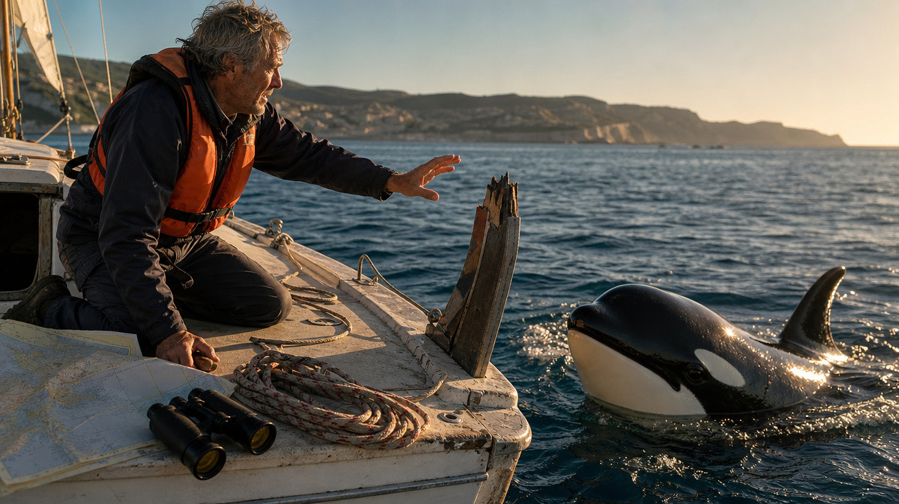 Homem de colete salva-vidas em barco estende mão para orca próxima em mar calmo ao pôr do sol.