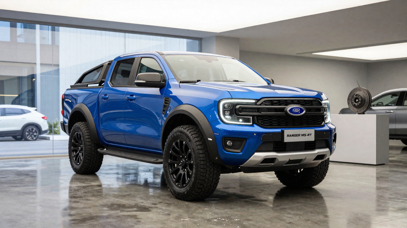 Picape azul Ford Ranger MS-RT estacionada em showroom moderno com piso refletivo.